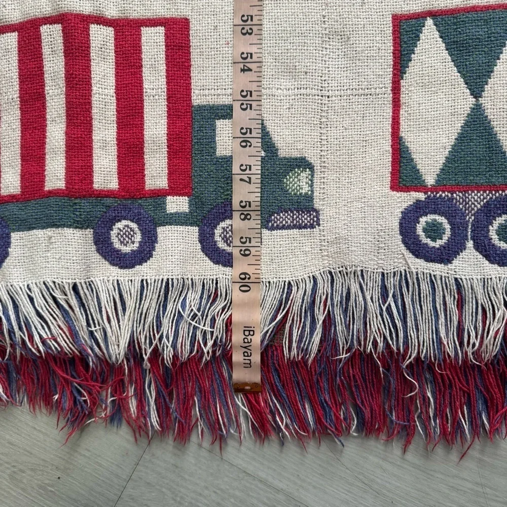 Pottery Barn Kids Vintage Woven Tapestry Throw Blanket Patterned Design Trains,